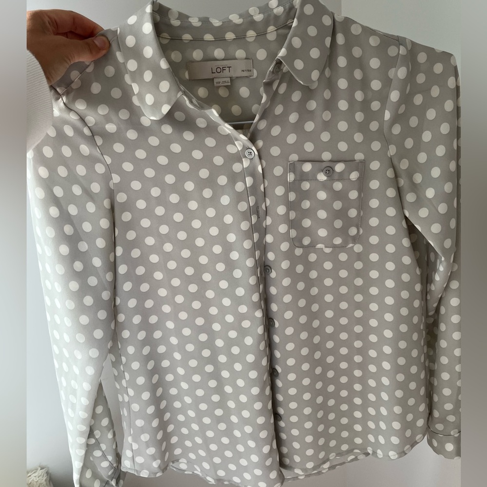XXS Petite LOFT Gray Polka Dot Peter Pan Collar Women's Blouse